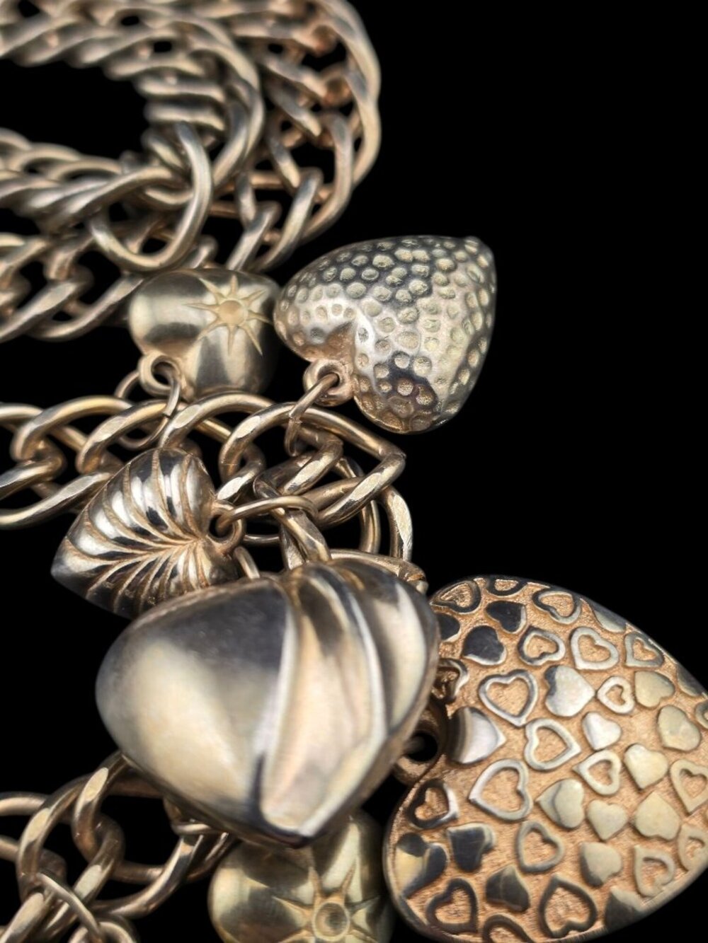 Vintage 40" Puffy Heart Charm Belt/Necklace Large Brassy Gold-Tone 80's - Picture 7 of 9